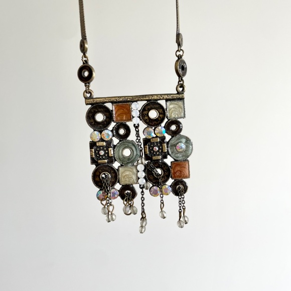 Modernist Style Brass Necklace with Enamel and Rhinestones - Picture 15 of 16